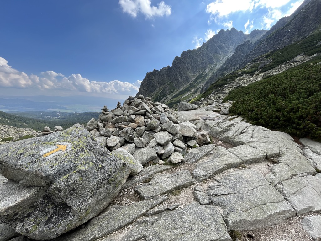 Trail markers below Malé Solisko. High Tatras