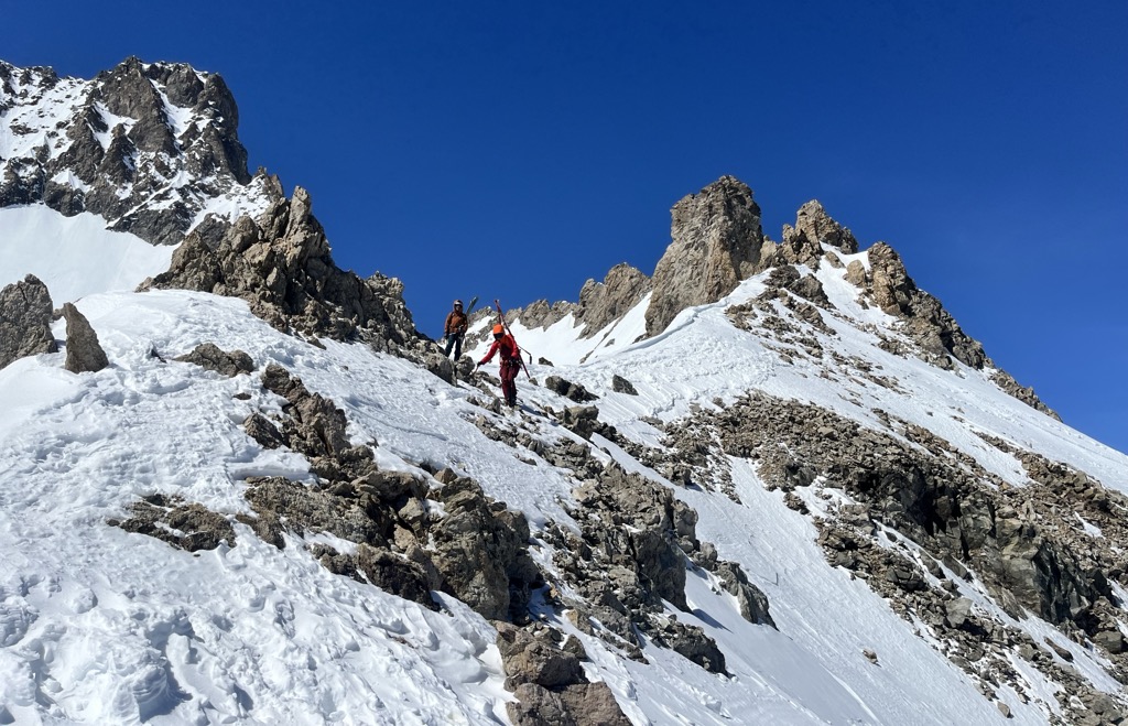 The final bit of traversing. Photo: Sergei Poljak. Journal des Ecrins: Col Claire Ski Descent