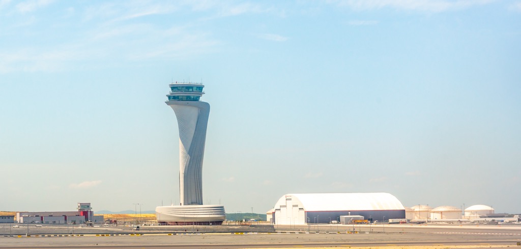 The air traffic control tower at Istanbul Airport, a massive project that opened in 2019 as part of a bid to keep the construction industry strong. Istanbul
