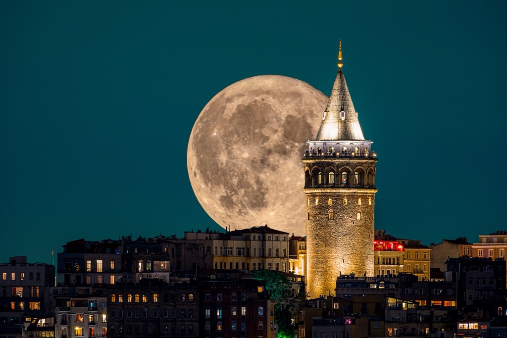 Moonrise over Galata Tower. Istanbul