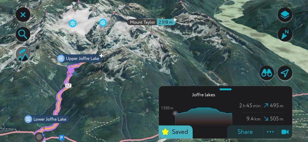 The Joffre Lakes Trail on our mobile app
