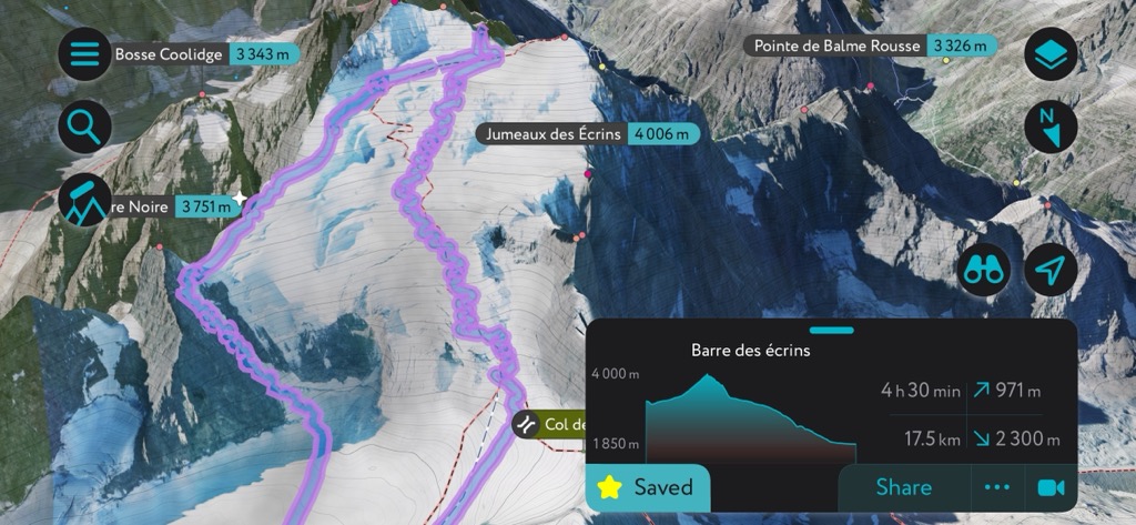 Our route on the Barre.Journal des Ecrins Ski