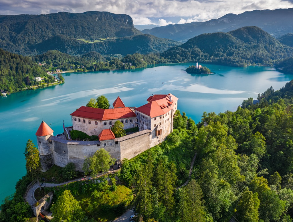 Bled Castle, guardian of Lake Bled. Julian Alps and Prealps