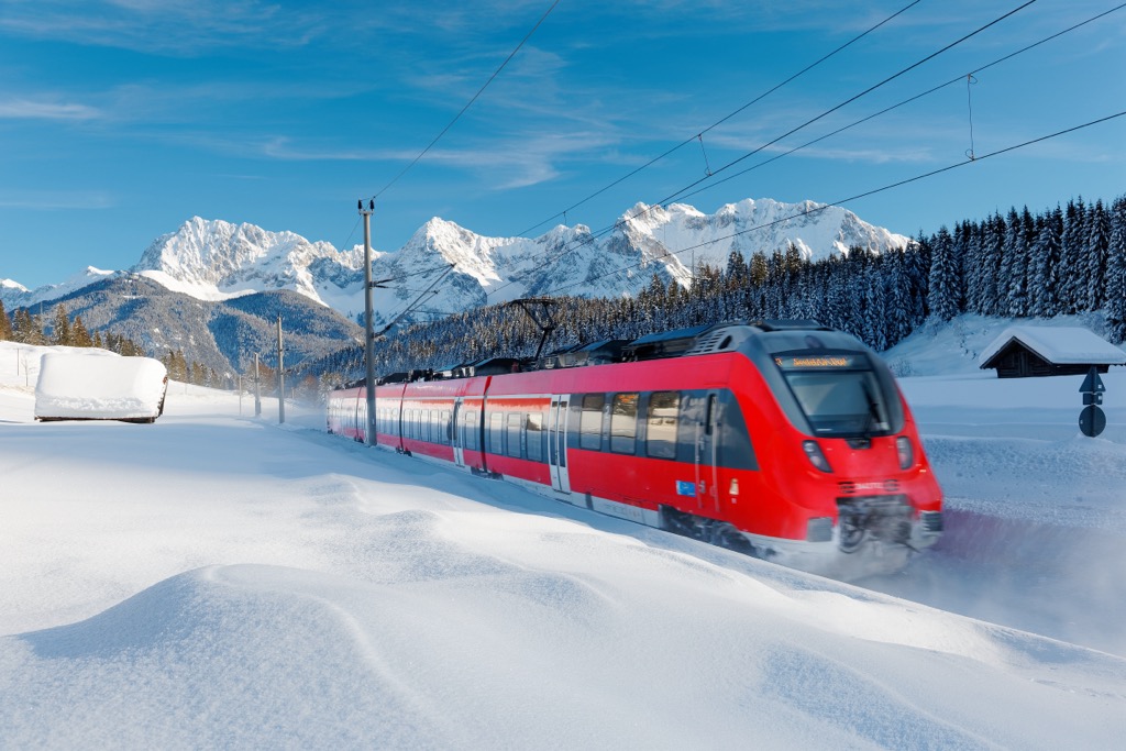 A train traveling through the Karwendel Mountains in Germany. Karwendel
