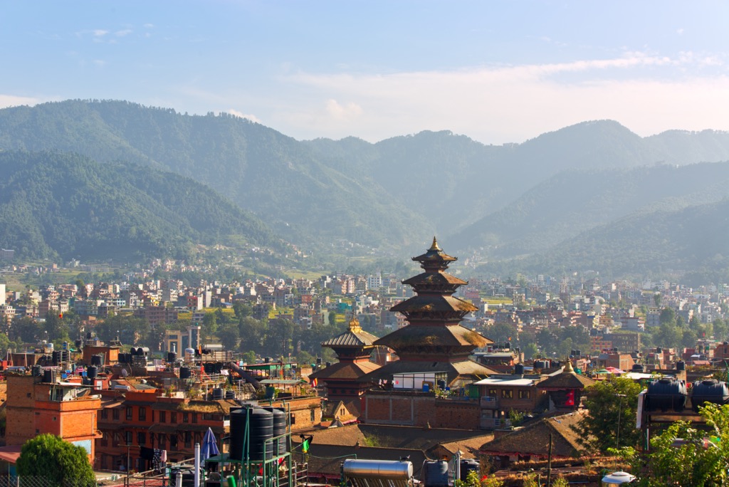 View across Kathmandu with Nepal's tallest temple, Nyatapola Temple, visible in the foreground. Kathmandu