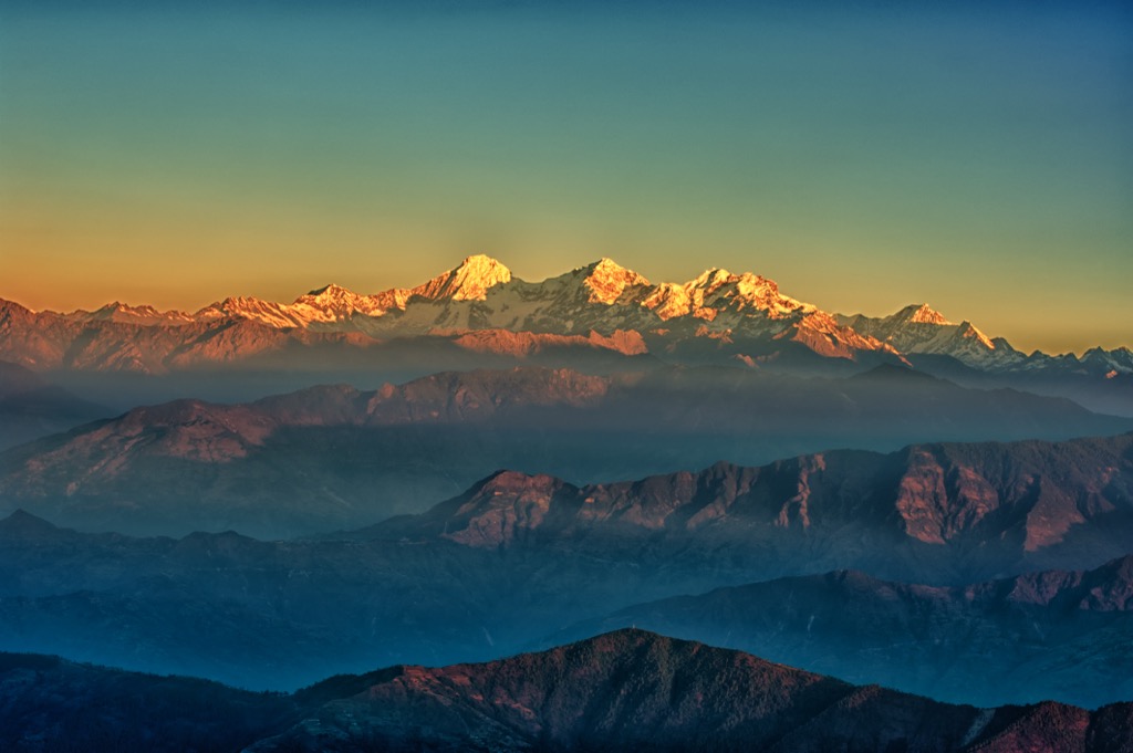 The view of the surrounding Himalayas from atop Shivapuri Peak. Kathmandu