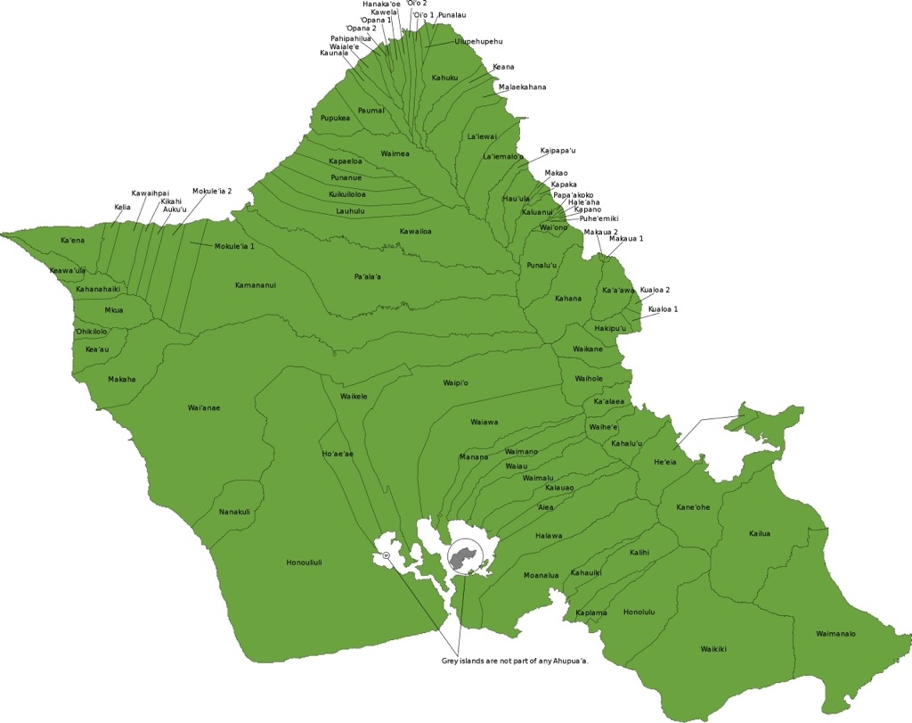 A map showing the various ahupua'a of the naighboring Hawaiian island of Oʻahu. Kauai County