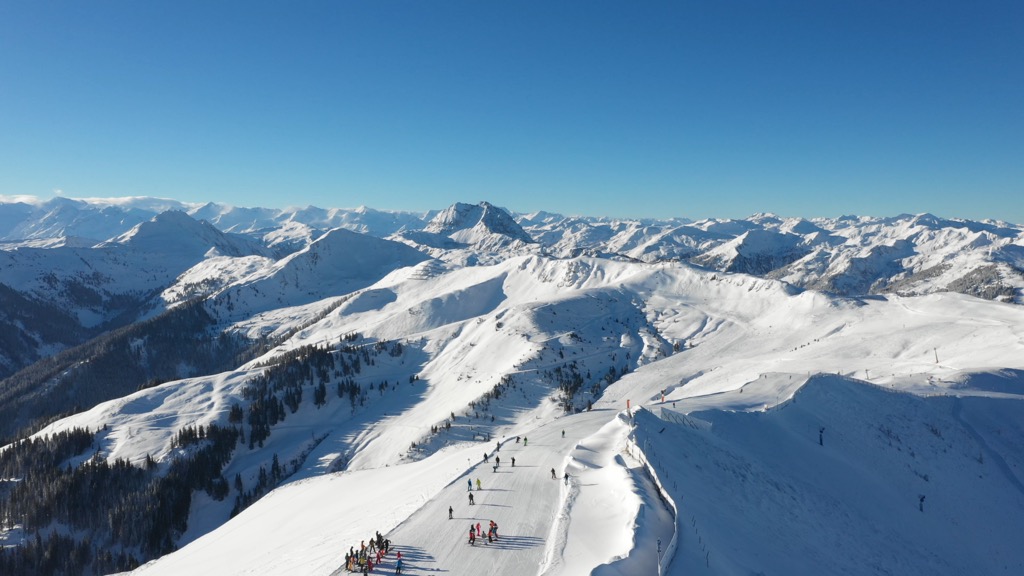 The KitzSki ski area from above. Kitzbuehel Alps