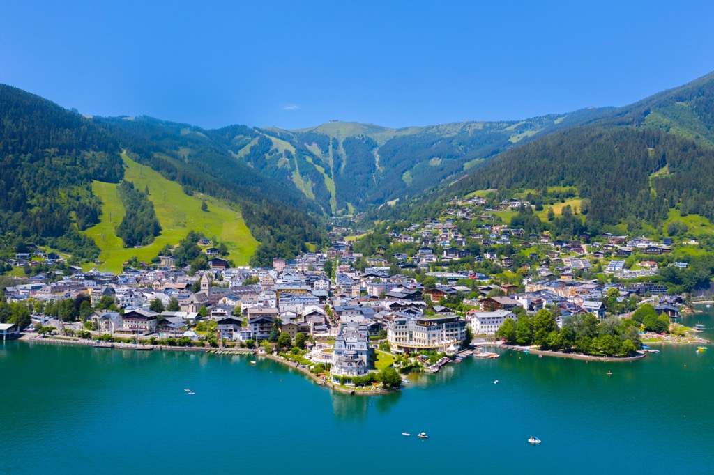 Zell am See from above Zeller See. Kitzbuehel Alps