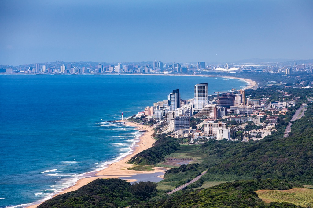 An aerial survey of Durban showcasing the city’s skyline and extensive beachfront. KwaZulu-Natal