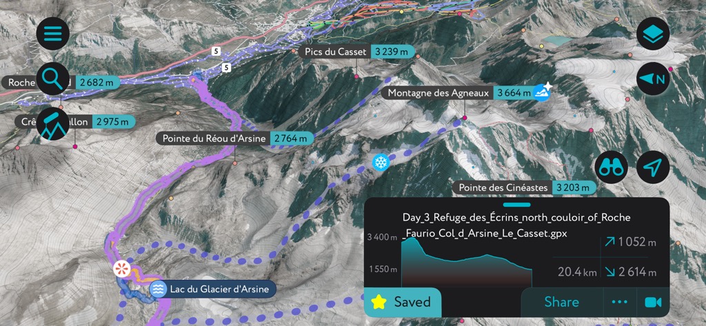 Our route to Le Casset on the PeakVisor App. Journal des Ecrins Neige Cordier