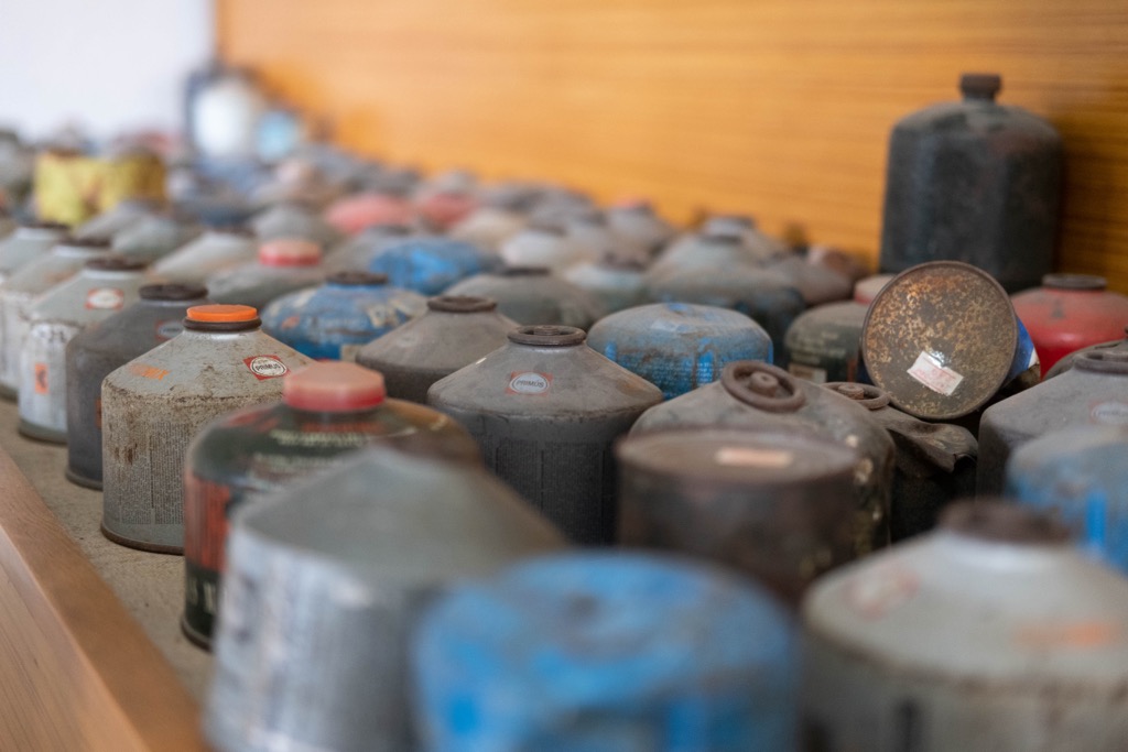 Empty fuel cans recovered from a trash removal mission at Everest Base Camp. Leave No Trace