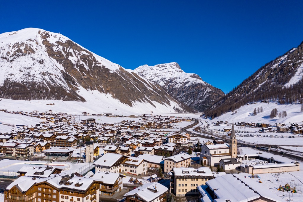 Aerial view of Livigno. Livigno Alps