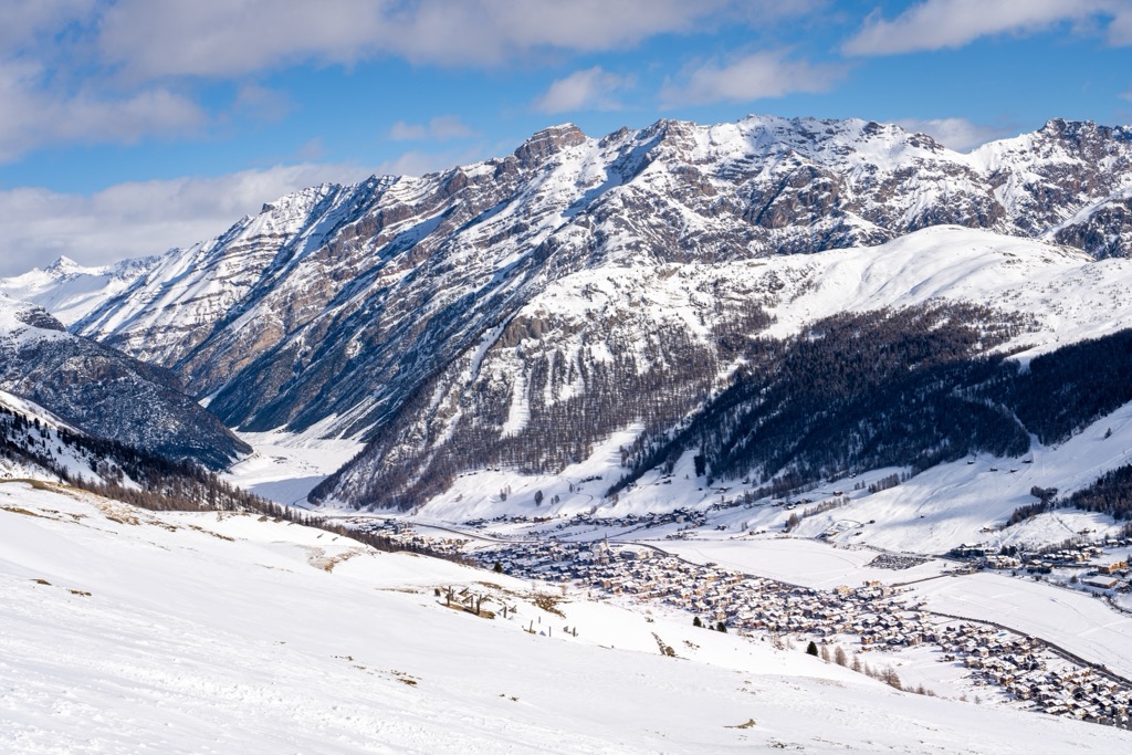 Livigno town in the Val di Livigno. Livigno Alps