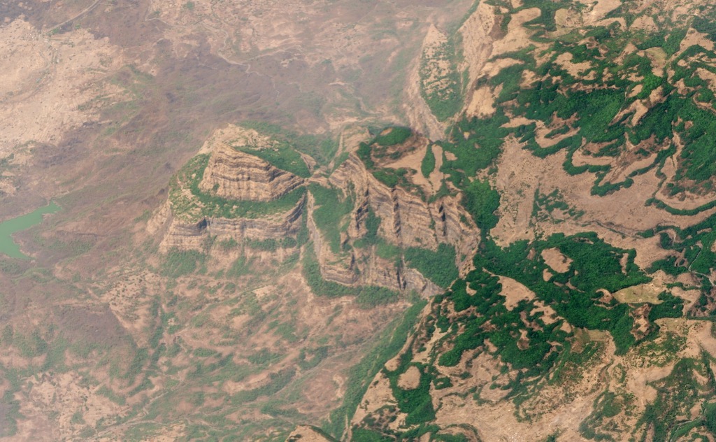 The Deccan Traps of the Western Ghats photographed by satellite. Maharashtra Mountains
