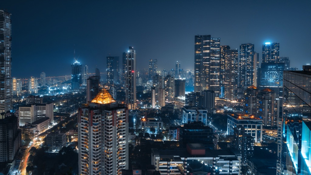 Mumbai’s skyline at night. Maharashtra Mountains