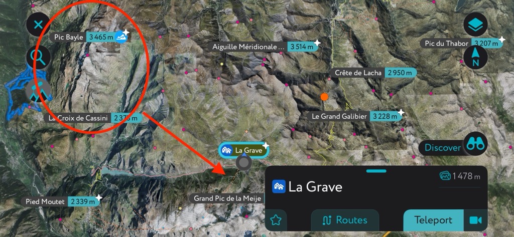 The Grandes Rousses Massif (red) blocks storms from the northwest in La Grave, but weather forecasts often don’t pick up on this, at least not to the extent they should. Shown on the PeakVisor App. Mountain Weather