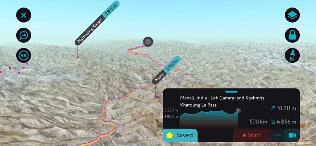 A generation of the Khardung La Pass, one of the best rides in the Indian Himalayas, using PeakVisor’s mobile app