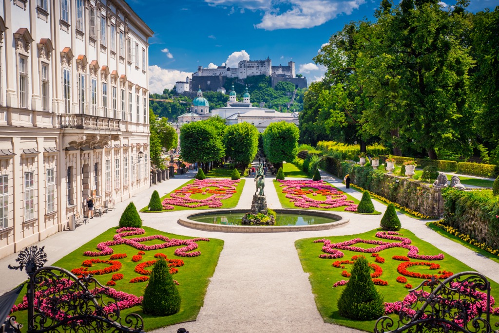 The Mirabell Palace and gardens with the Hohensalzburg Fortress in the background. Northern Salzburg