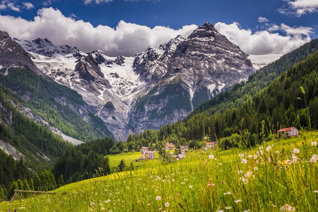 Ortler towering above the tiny village of Stilfs. Ortler Alps