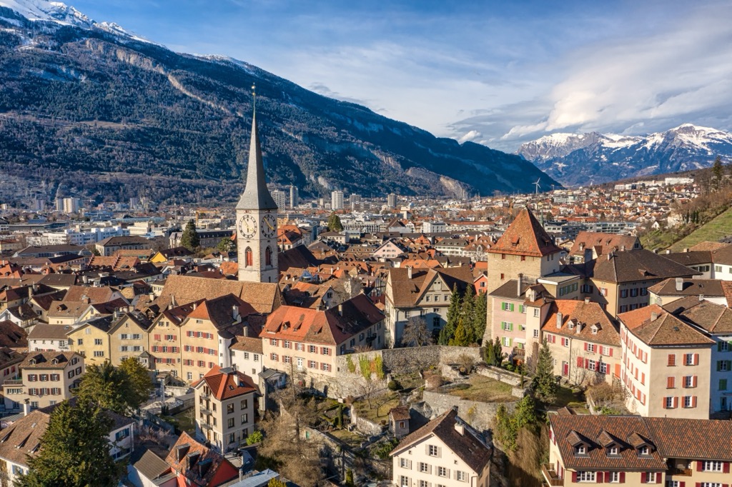 Skyline of Old Town Chur. Plessur Alps