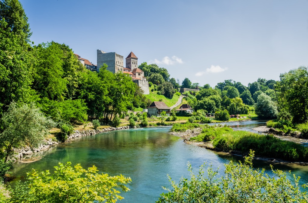 Sauveterre-de-Bearn on the Gave d'Oloron, Pyrénées-Atlantiques, France