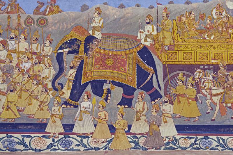 A mural of a royal Rajput procession. Geography