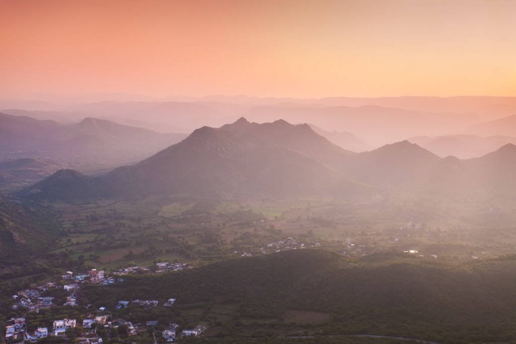 The Aravalli Hills at sunset, near Udaipur. Geography