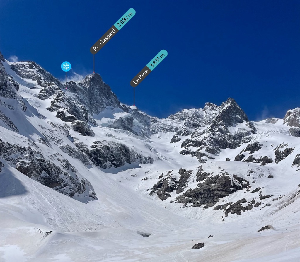 Checking out our line down the remnant Glacier d’Armande. Photo: Anna Lochhead. Refuge d’Aigle