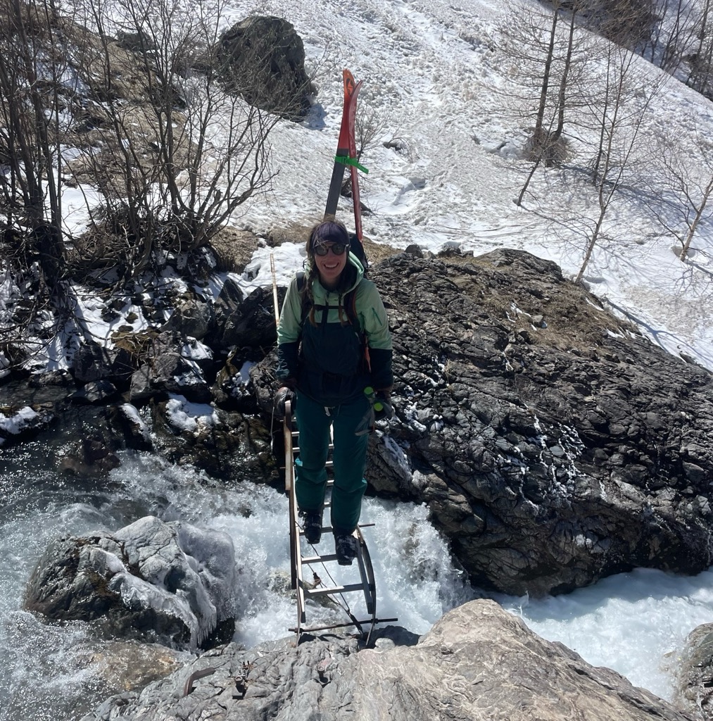 Anna’s stoked to finally be crossing the bridge! Photo: Sergei Poljak. Refuge d’Aigle