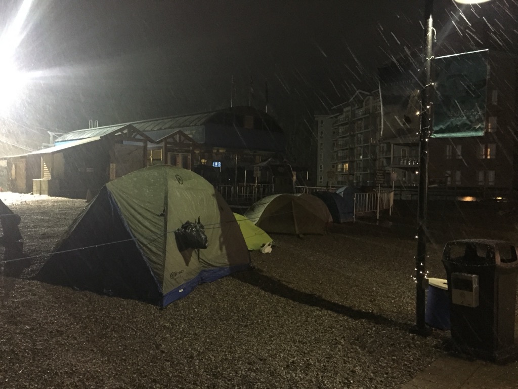 Very zealous skiers camping out the night before opening day. Why bother? Photo: Sergei Poljak. Revelstoke