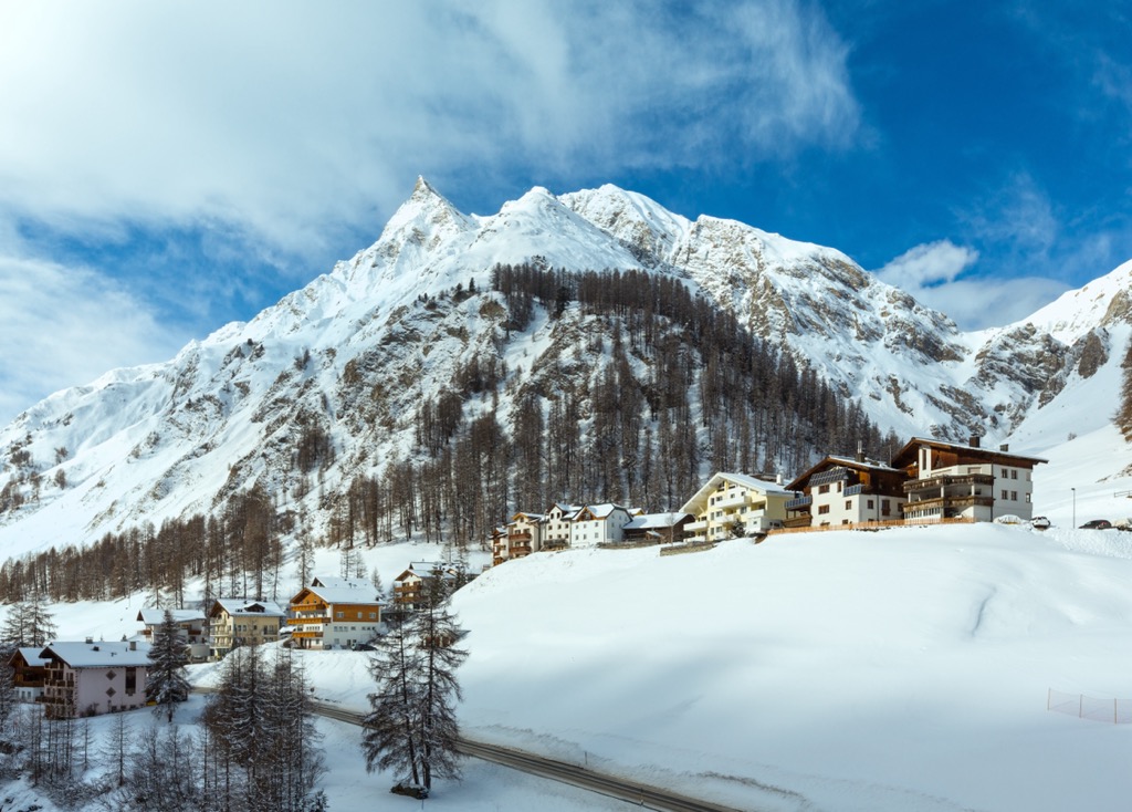 Samnaun village in winter. Samnaun Alps