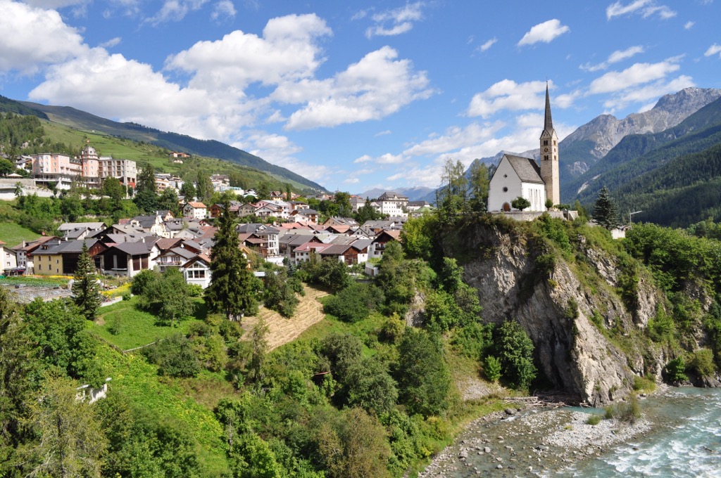 Scuol, as seen from the Inn River. Sesvenna Alps