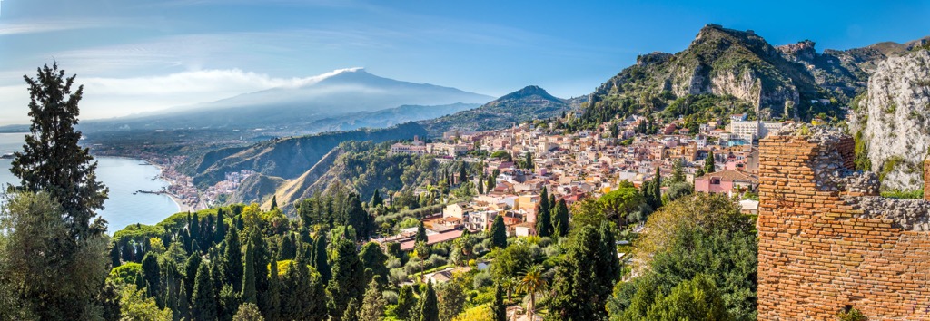 Panorama from the top of the Greek Theater from the Giardini-Naxos bay to Castelmola Sicily