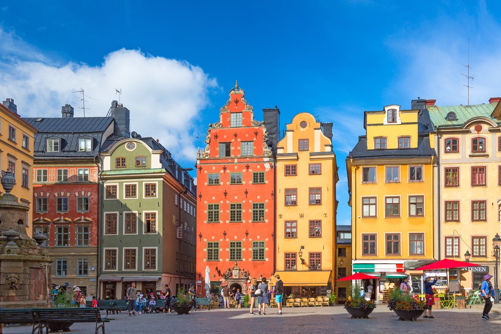 Colorful facade of the houses in Stortorget Square Gamla Stan. Stockholm, Stockholm County, Sweden
