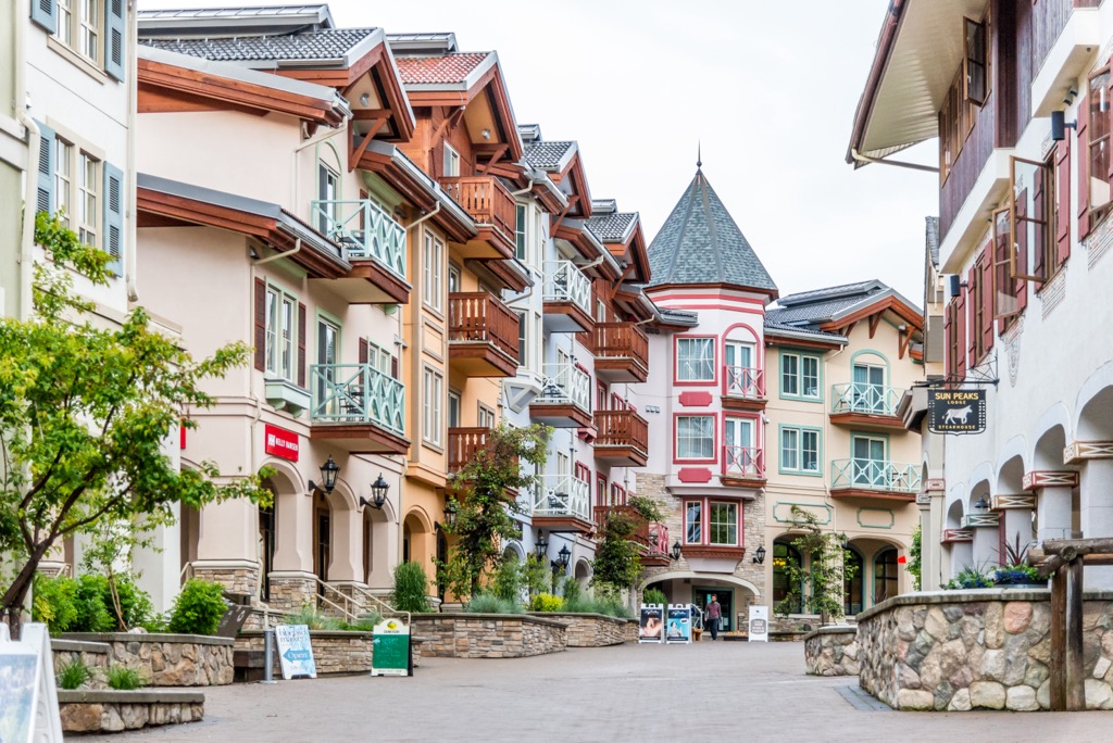 Sun Peaks Village in the summer. Designed in the European style, the town is more aesthetic than most other purpose-built resorts in Canada. Sun Peaks Ski Resort 