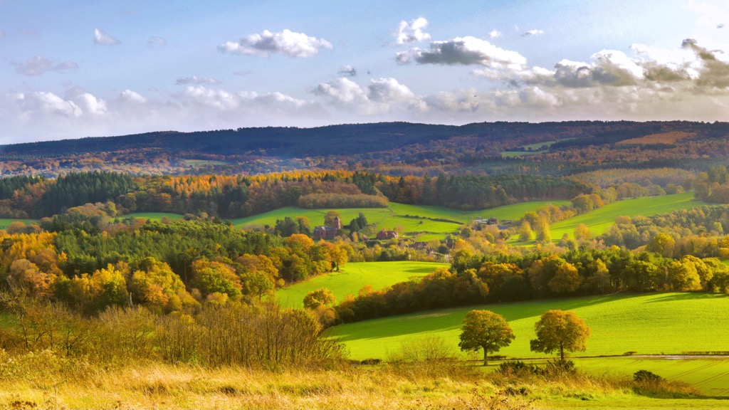 A panoramic view of the undulating Surrey Hills. Surrey
