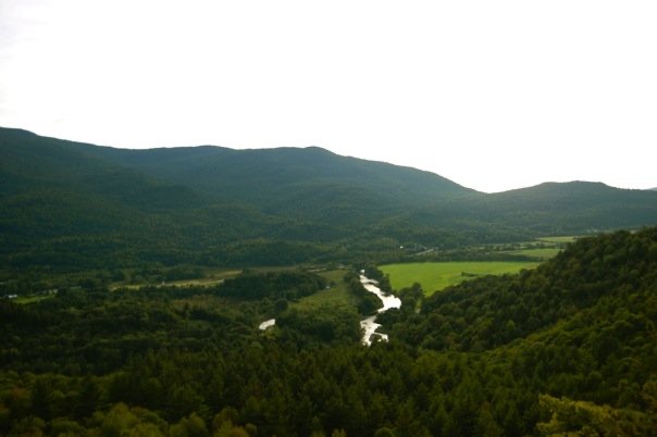 The idyllic Lamoille River Valley, looking south, late in the day