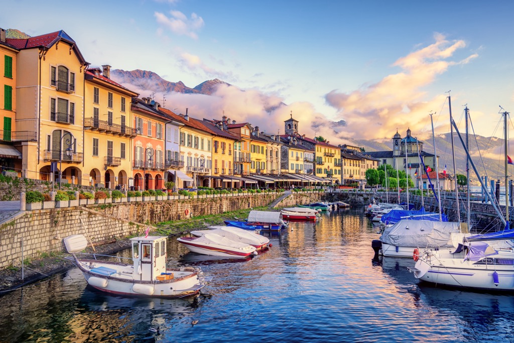 Cannobio’s quaint dock at sunset. Ticino Alps