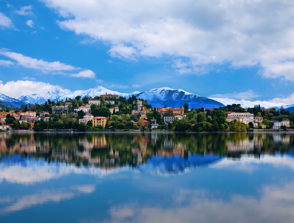 Verbania from across Lago Maggiore. Ticino Alps