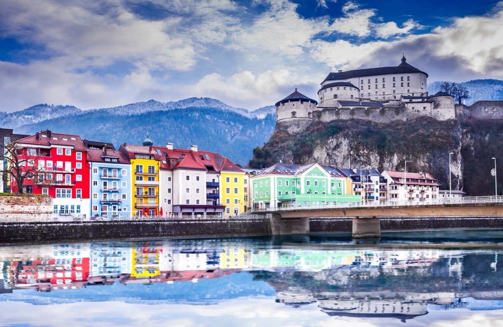 Kufstein from the Inn River, with Kufstein Fortress visible. Tyrol Schistose Alps