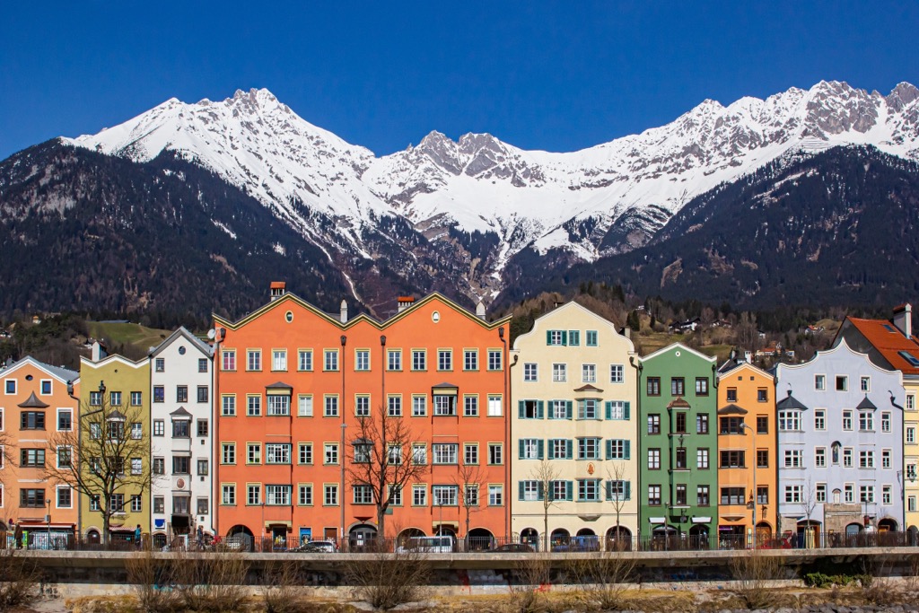 The colorful houses of Innsbruck, with the Karwendel’s Nordkette in the background. Tyrol Schistose Alps