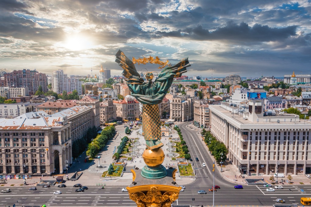 Aerial view of the Kyiv Ukraine above Maidan Nezalezhnosti Independence Monument, Ukrain