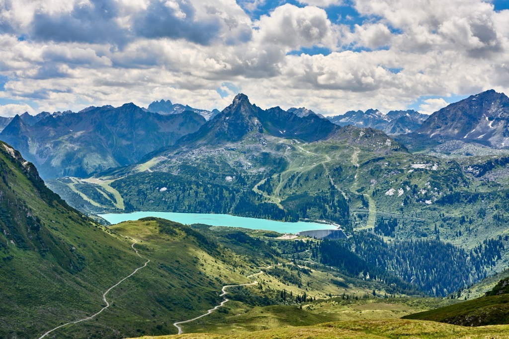 The view of the Fluh Group with Stausee Kops. Verwall Alps