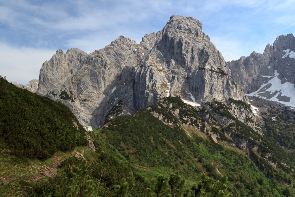 Totenkirchl (2,190 m / 7,185 ft) from the Stripsenjochhaus (1,602 m / 5,256 ft). Wilder Kaiser
