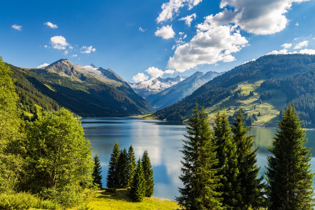 The view across Durlassboden reservoir in the Ziller Valley. Zillertal Alps