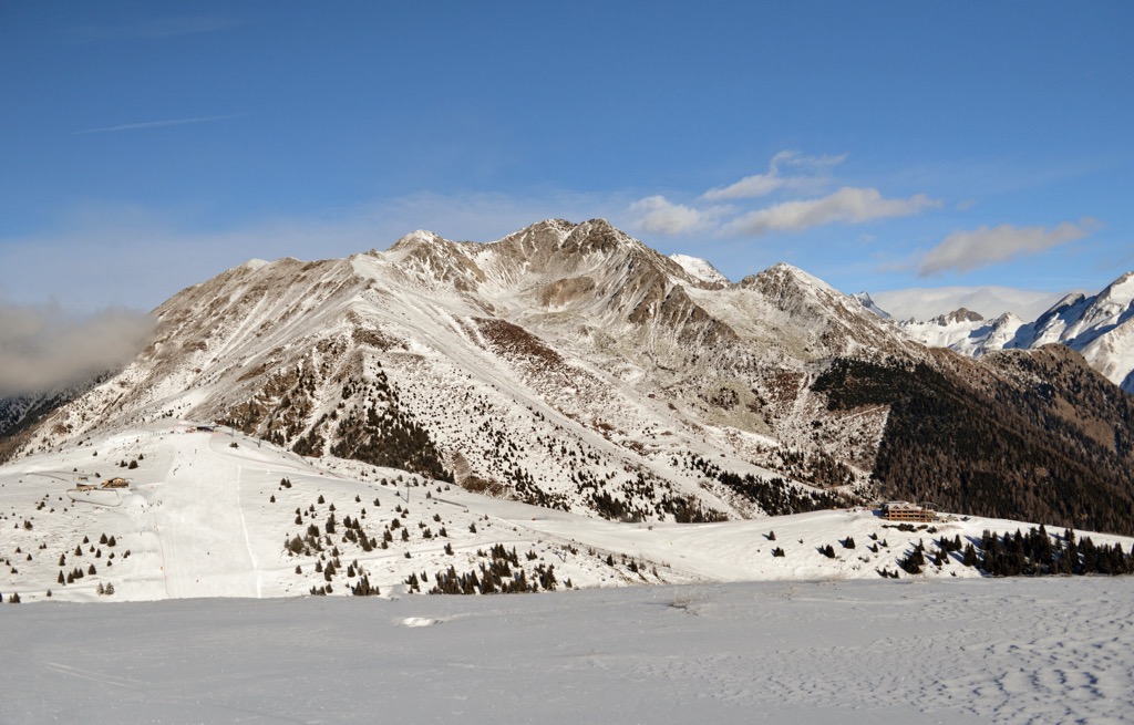 The mountain and ski slopes of Gitschberg Jochtal. Zillertal Alps