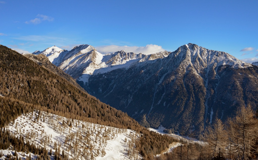 The view of the Pfunderer Mountains from Gitschberg Jochtal. Zillertal Alps