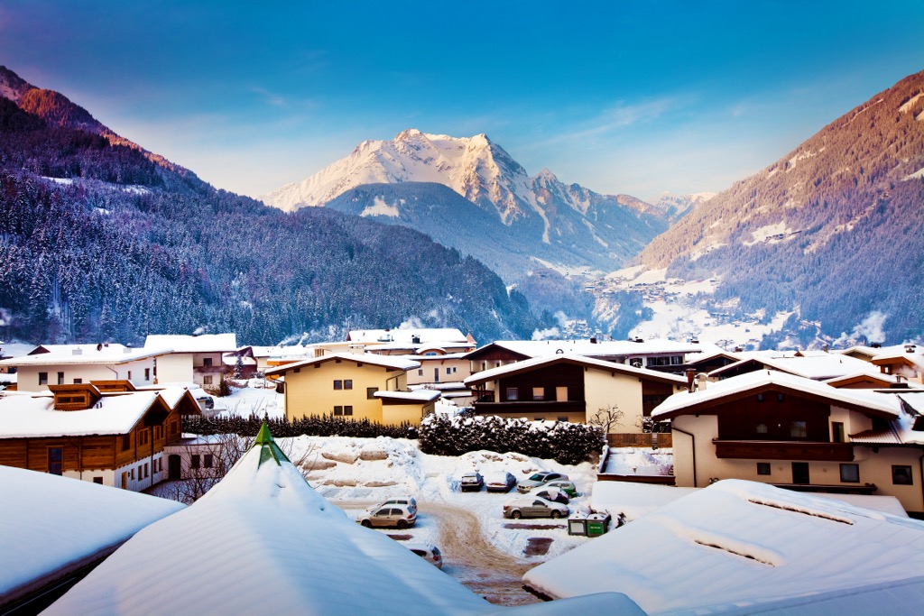 Panoramic view of Mayrhofen. Zillertal Alps