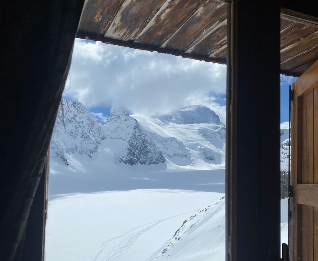 The view of the Barre des Écrins from the window of the refuge. Photo: Ella Lochhead-Sperling. Journal des Ecrins Neige Cordier